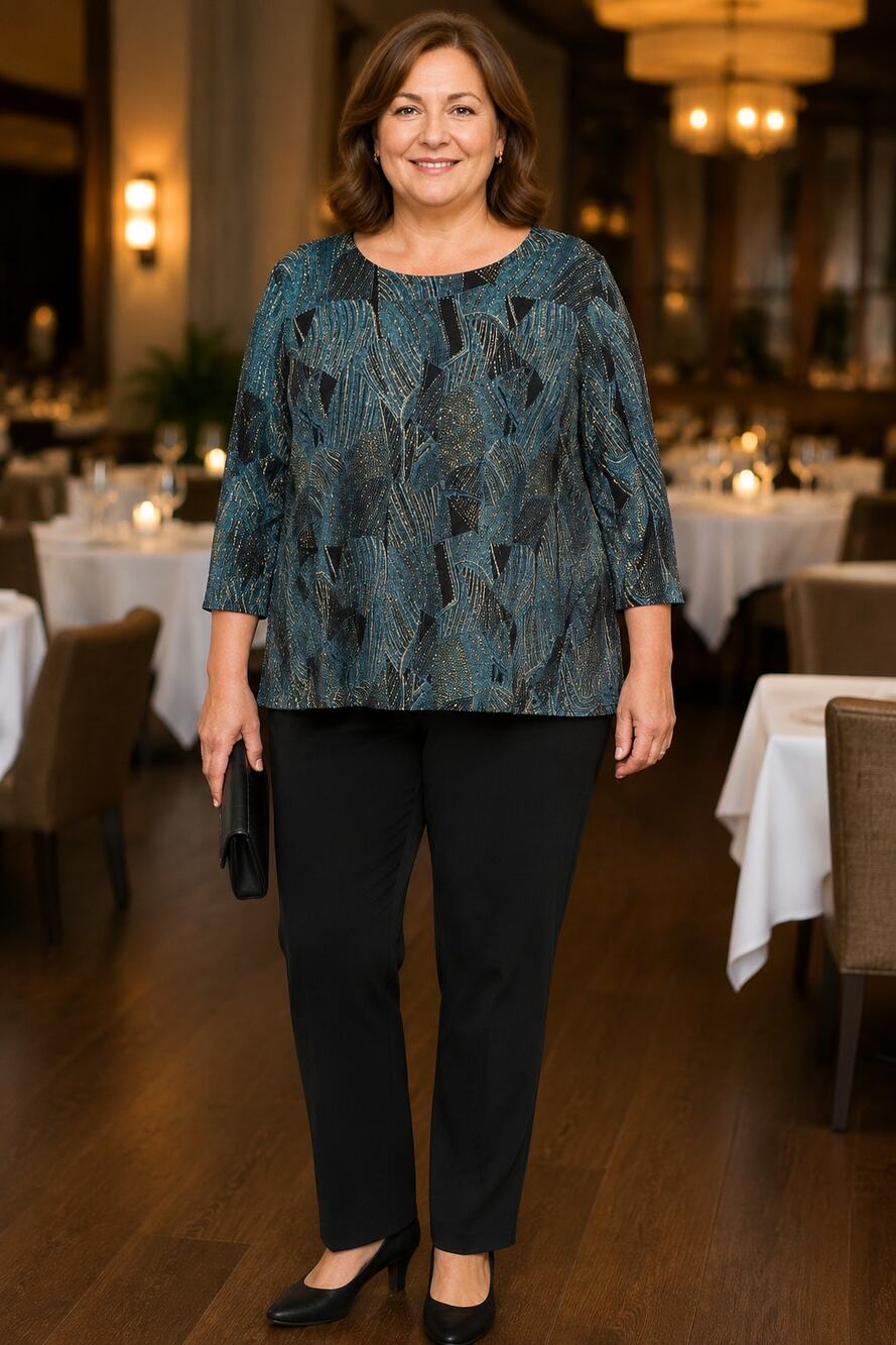 JM Collection Woman 1X Teal Black Metallic Abstract Print 3/4 Sleeve Top